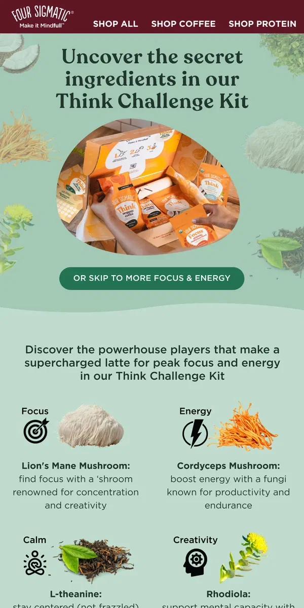 Email from Four Sigmatic. The secret ingredients behind peak focus + energy