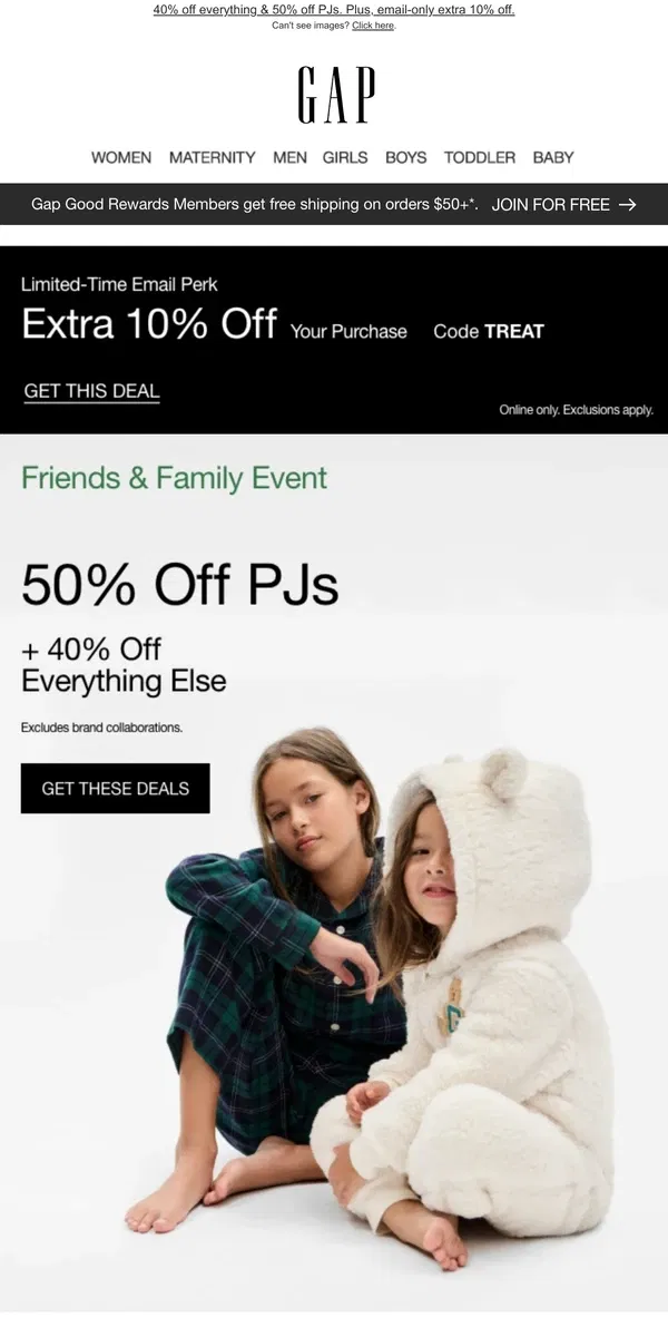 Email from GAP. We're giving you 50% OFF all PJs +++ BONUS 10% off