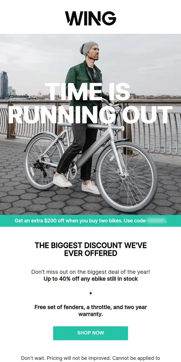 Email from Wing Bikes. DON'T MISS out - 40% off bikes