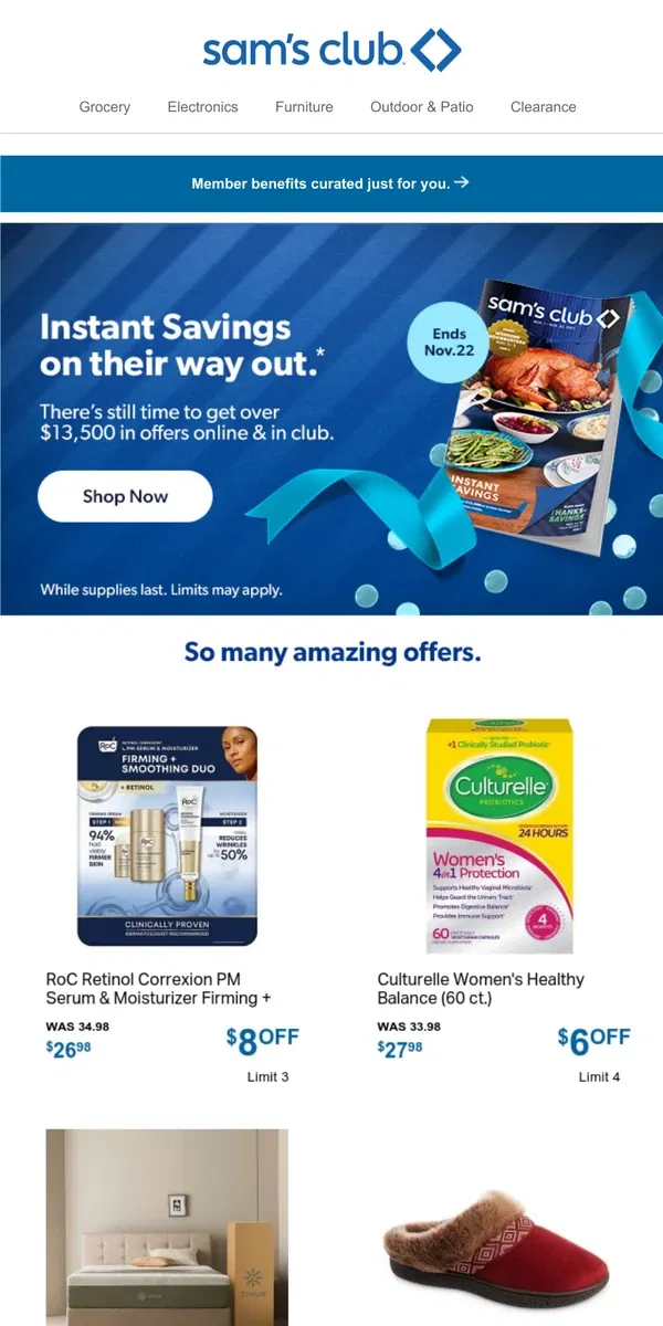 Email from Sam's Club. Instant Savings going so fast.