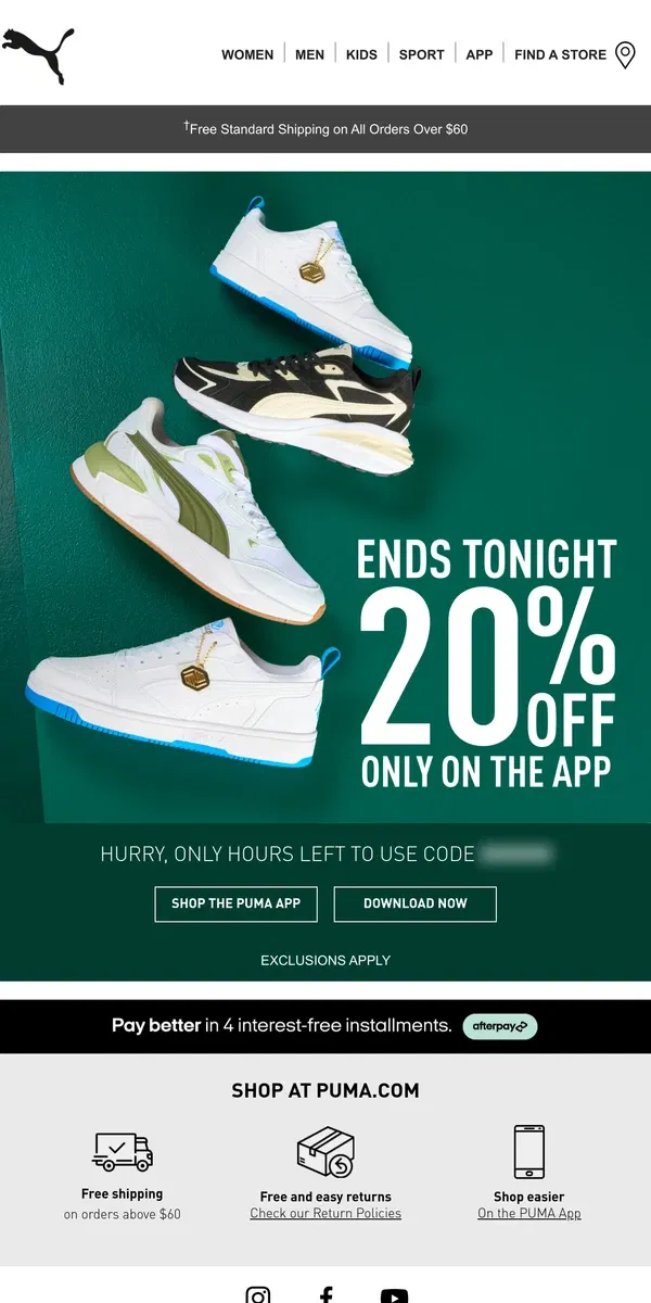 Email from Puma. Last Day For App Savings