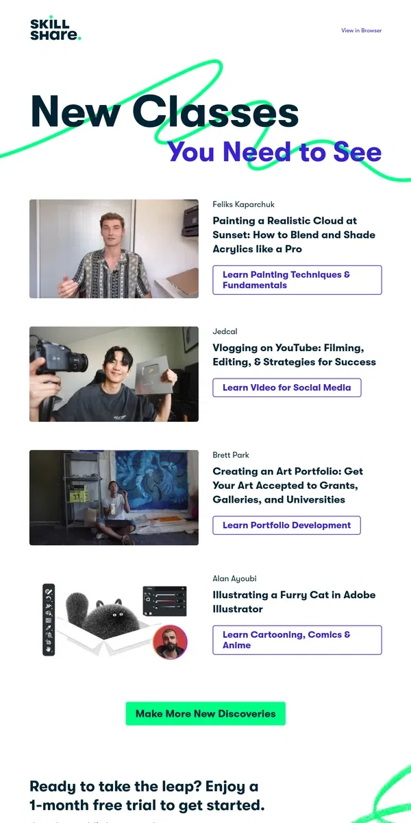 Email from Skillshare. What will you pick: Acrylic painting, cartooning, or vlogging?