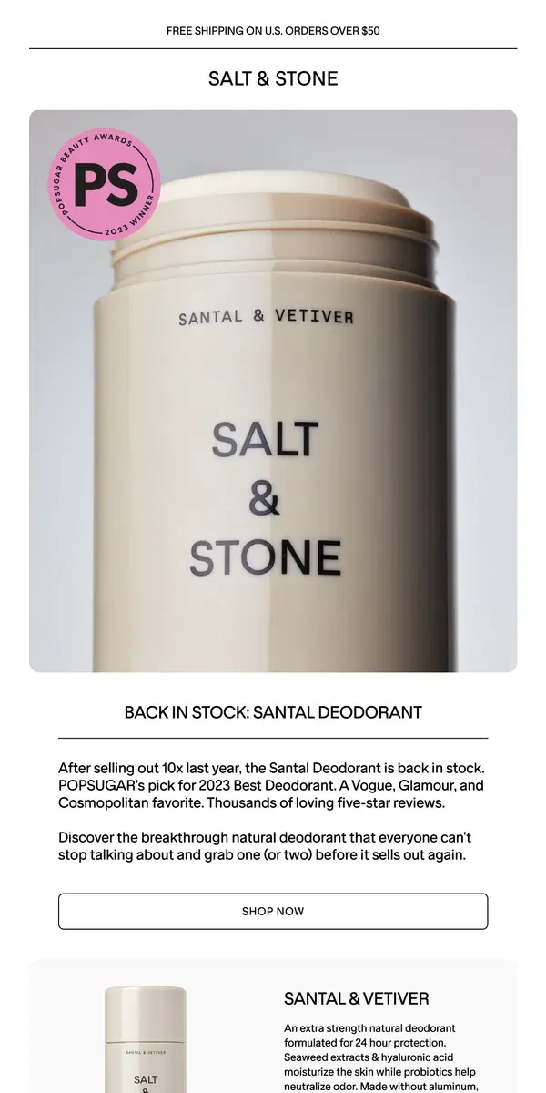 Email from SALT & STONE. The Santal Deodorant Is Back In Stock!