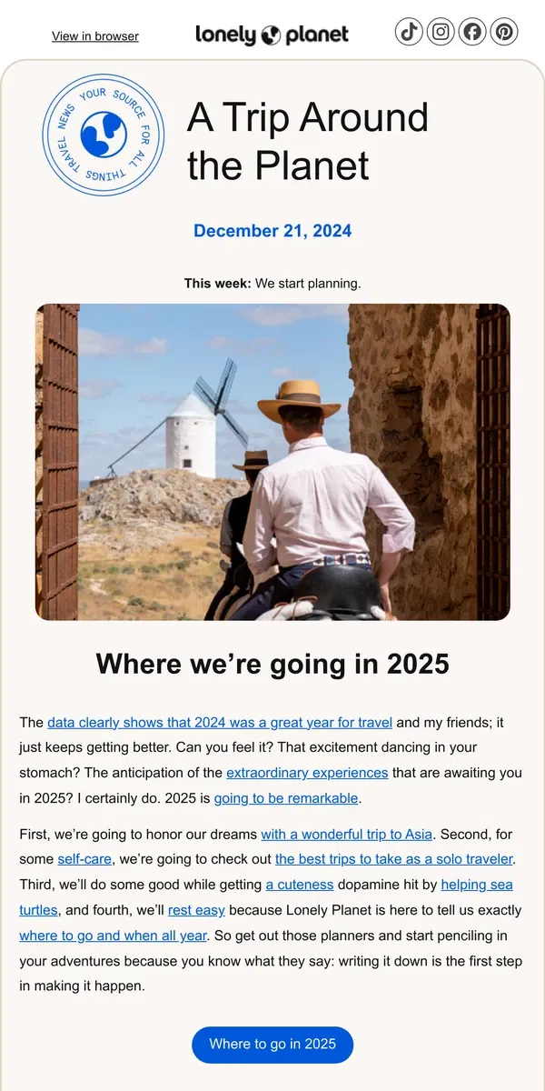 Email from Lonely Planet. Travel nerds start planning for 2025 right now