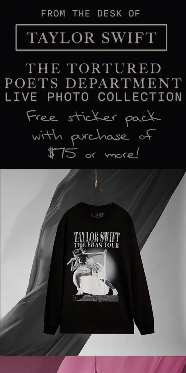 Email from Taylor Swift. New tour merch + free gift with $75+ purchase!