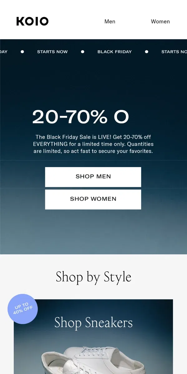 Email from Koio. 🚨 TAKE 20-70% OFF SITEWIDE! 🚨