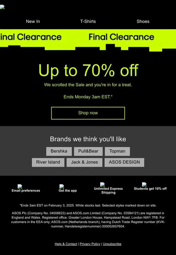 Email from ASOS. Sale: final clearance – up to 70% off