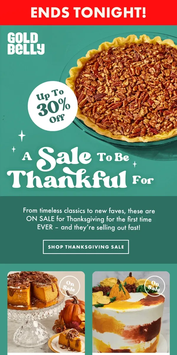 Email from Goldbelly. Thanksgiving Sale ENDS TONIGHT!