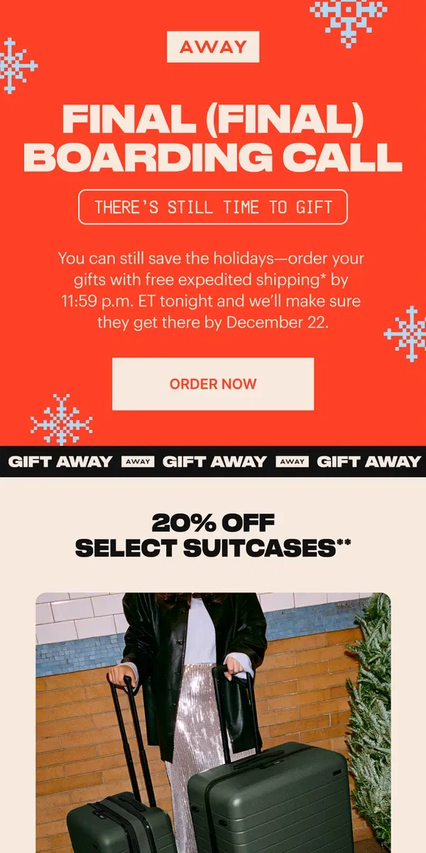 Email from Away. ⏳ Hours left for free expedited shipping