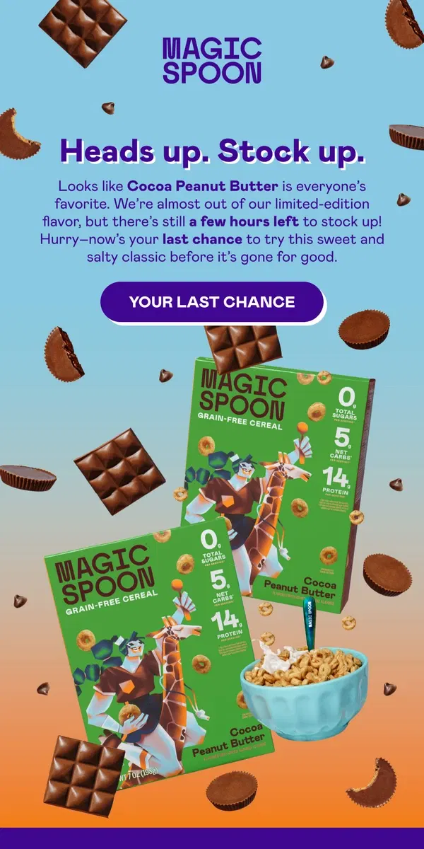 Email from Magic Spoon Cereal. Final hours for Cocoa Peanut Butter ⏰