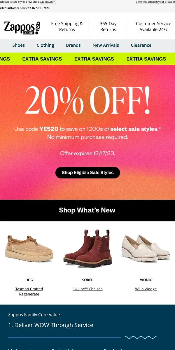 Email from Zappos. Inside: Get an EXTRA 20% OFF!