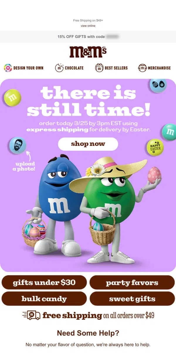 Email from M&M's. Upgrade Your Shipping for Easter Delivery