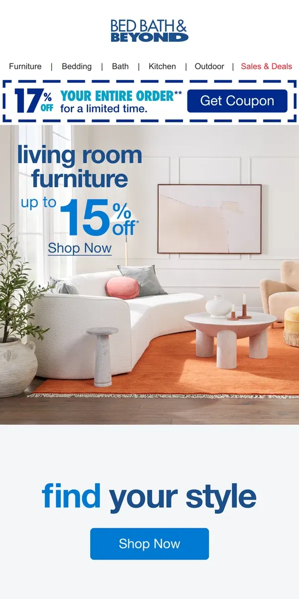 Email from Bed Bath & Beyond. Living Room Furniture to Fit Your Style 🛋️ ✨