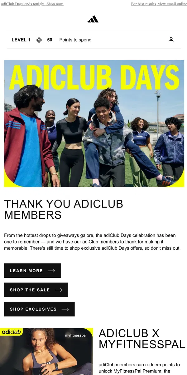 Email from Adidas. Last chance: adiClub Days ⌛