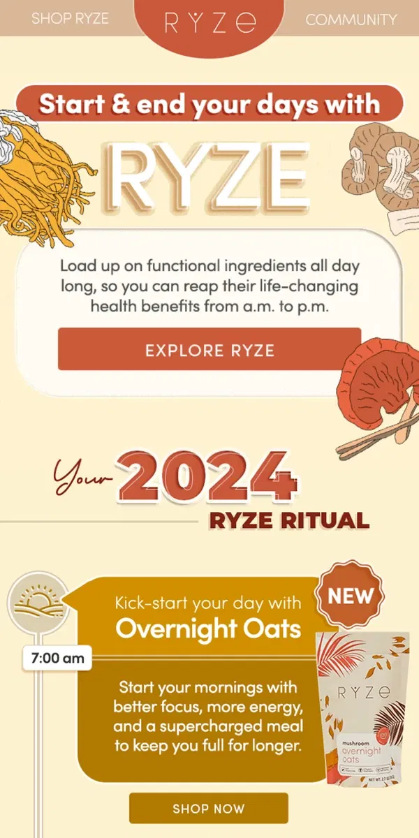 Email from RYZE Mushroom Coffee. Wanna upgrade your daily ritual this year?