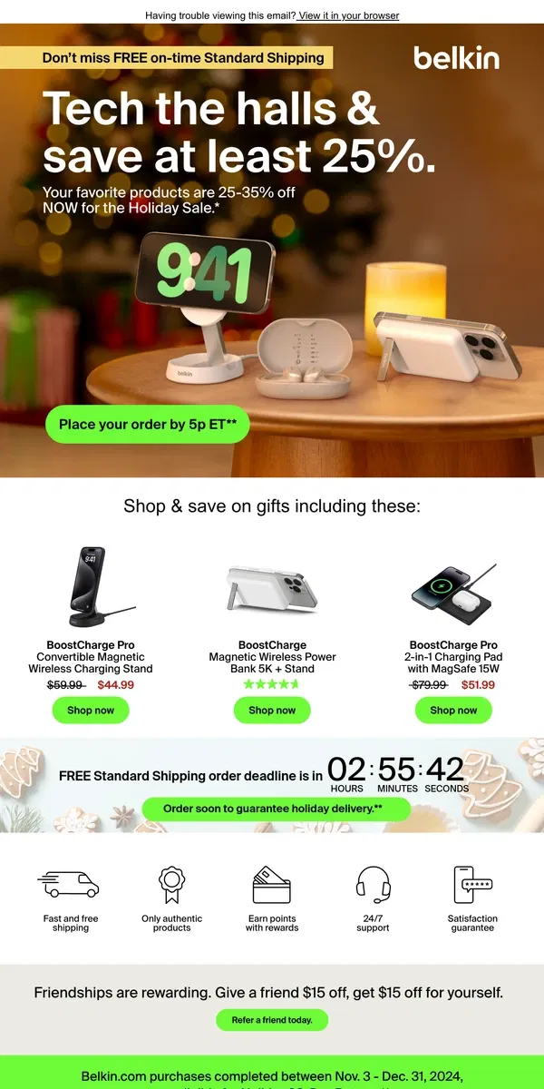 Email from Belkin. ⏱️ Last day to order with on-time holiday delivery + free standard shipping