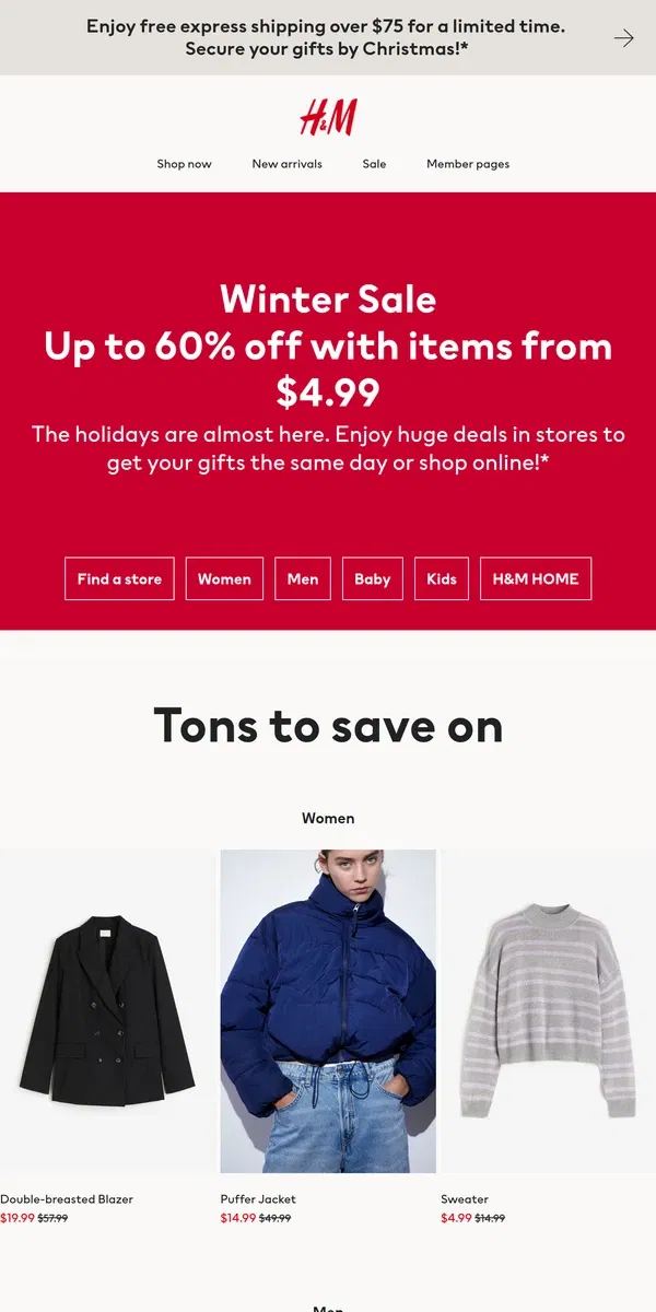 Email from H&M. Our biggest sale ever in stores now!