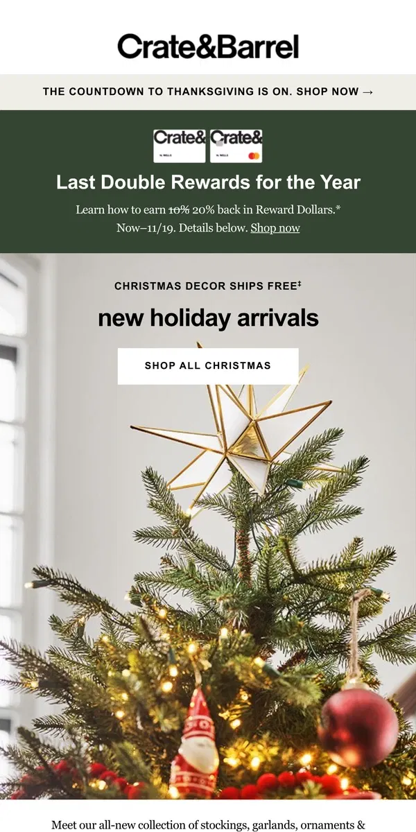 Email from Crate & Barrel. Stock up on Christmas decor with FREE shipping!