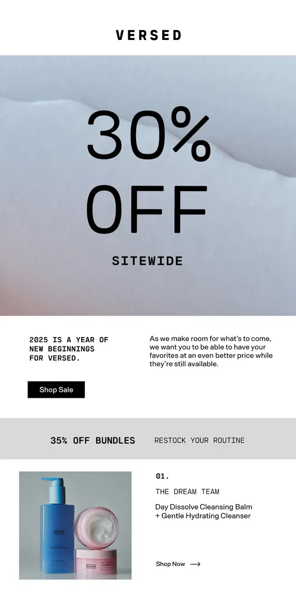 Email from Versed Skin. Restock With 30% Off Everything