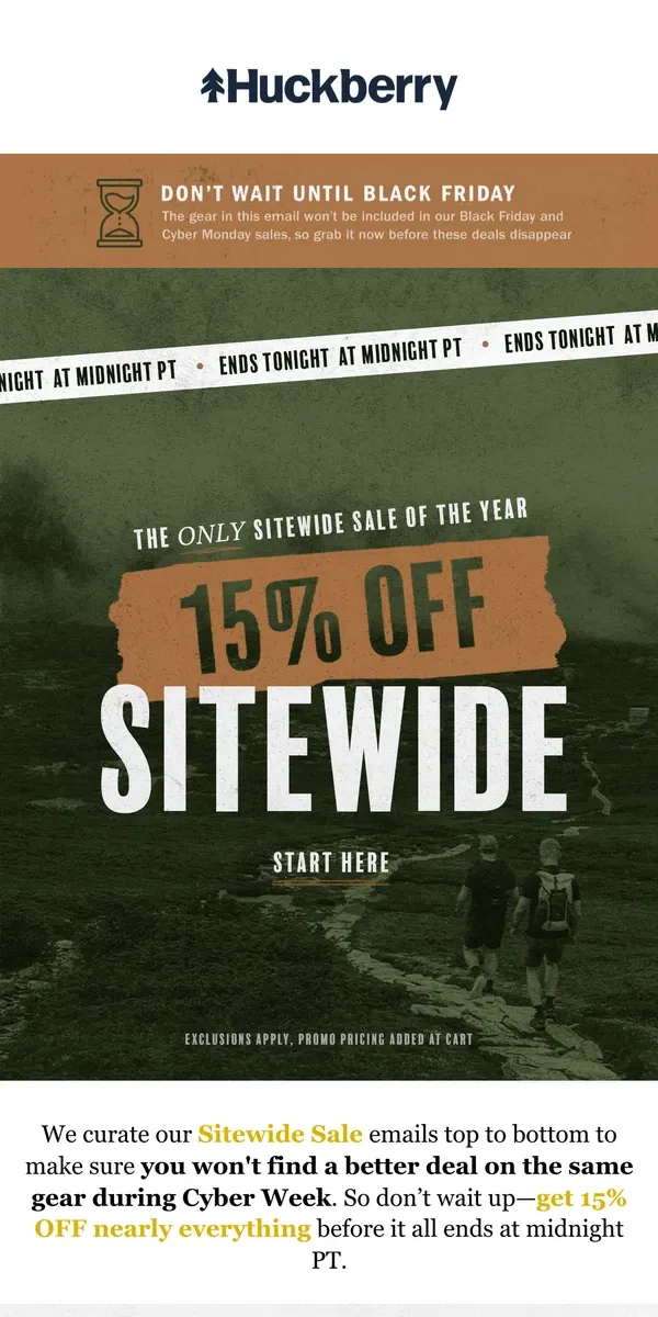 Email from Huckberry. ENDS TONIGHT: The Only Sitewide Sale of the Year