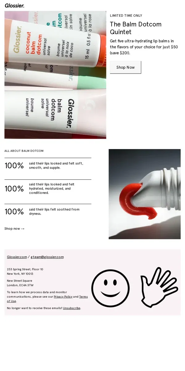 Email from Glossier. 5 for $50 Balm Dotcom