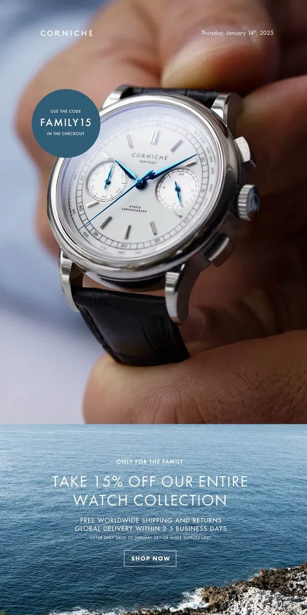 Email from Corniche Watches. Take 15% Off Any Watch from Our Full Collection.