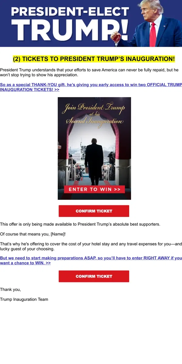 Email from Donald J. Trump. President Trump set these aside for his best supporters