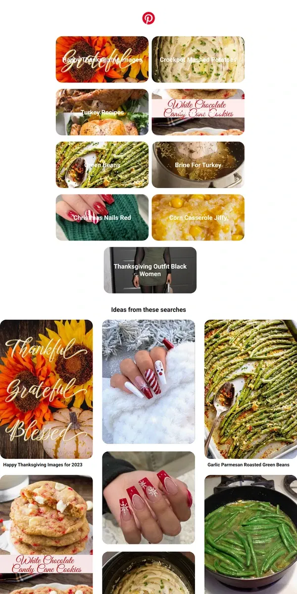 Email from Pinterest. Hi [Name]! "Happy Thanksgiving Images" and more