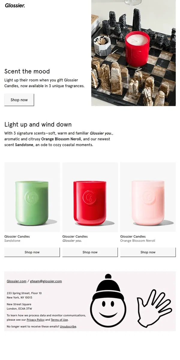 Email from Glossier. Gifts that Keep on Burning