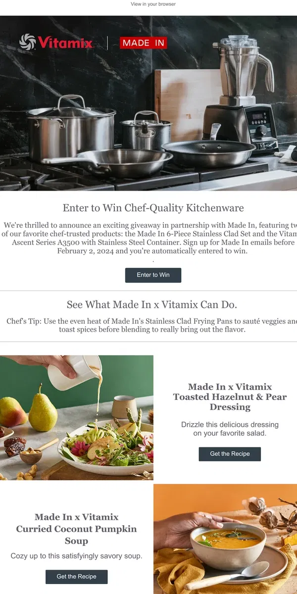 Email from Vitamix. Last Chance to Enter the Made In + Vitamix Giveaway