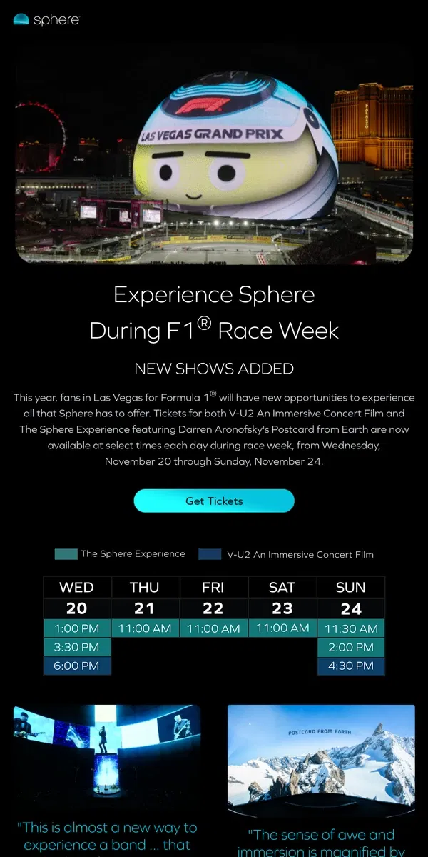 Email from Sphere. Get Sphere Tickets During F1® Race Week