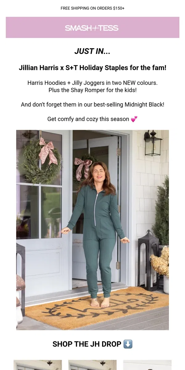 Email from Smash + Tess. Get Cozy with Jillian Harris x S+T Holiday Staples!