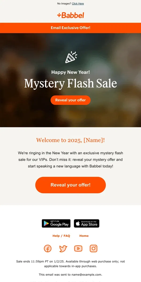 Email from Babbel. Day 1, 2025. Mystery Flash Sale!