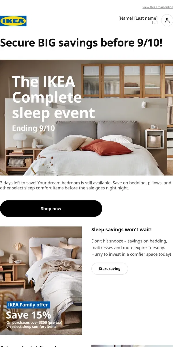 Email from IKEA. ⏰ 3 days left to save on better sleep 💤