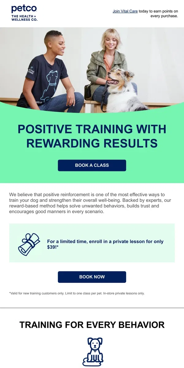 Email from Petco. Book a Petco training session today