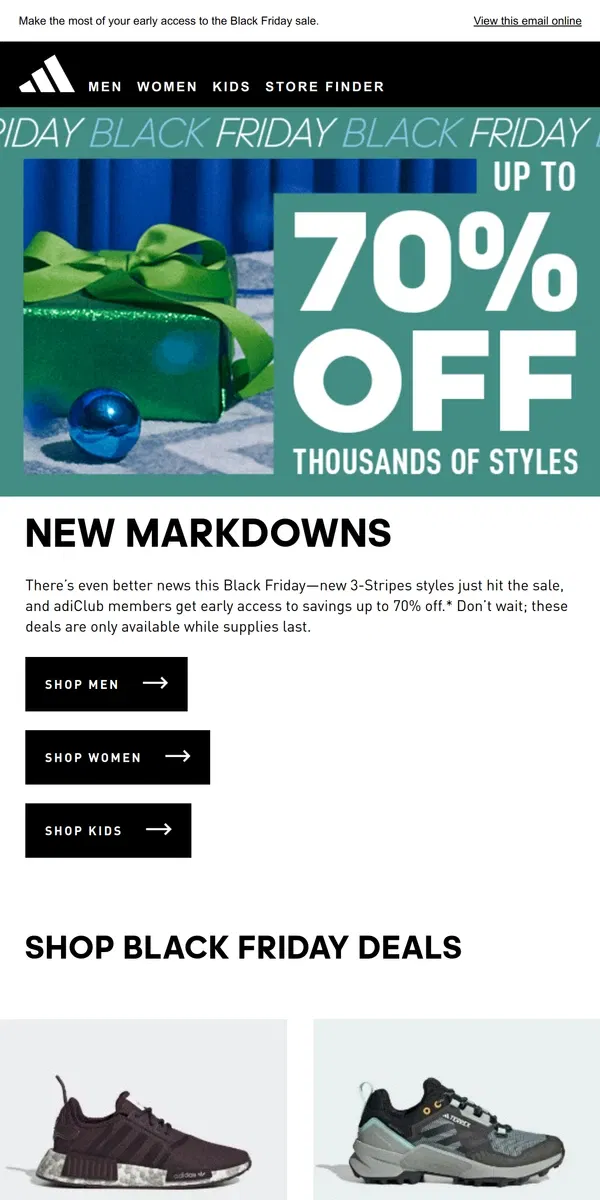 Email from Adidas. New markdowns just added—save up to 70% 🚨