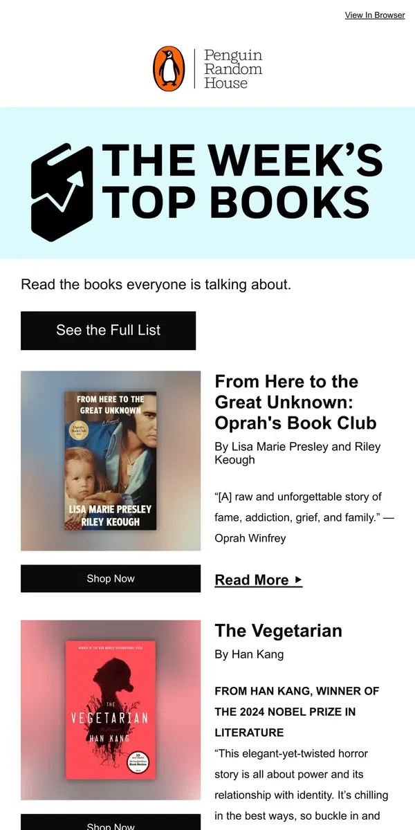 Email from Penguin Random House. This Week’s Most Popular Books Are …