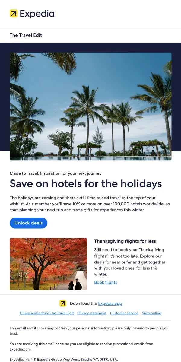 Email from Expedia. Get away for the holidays with Member Prices