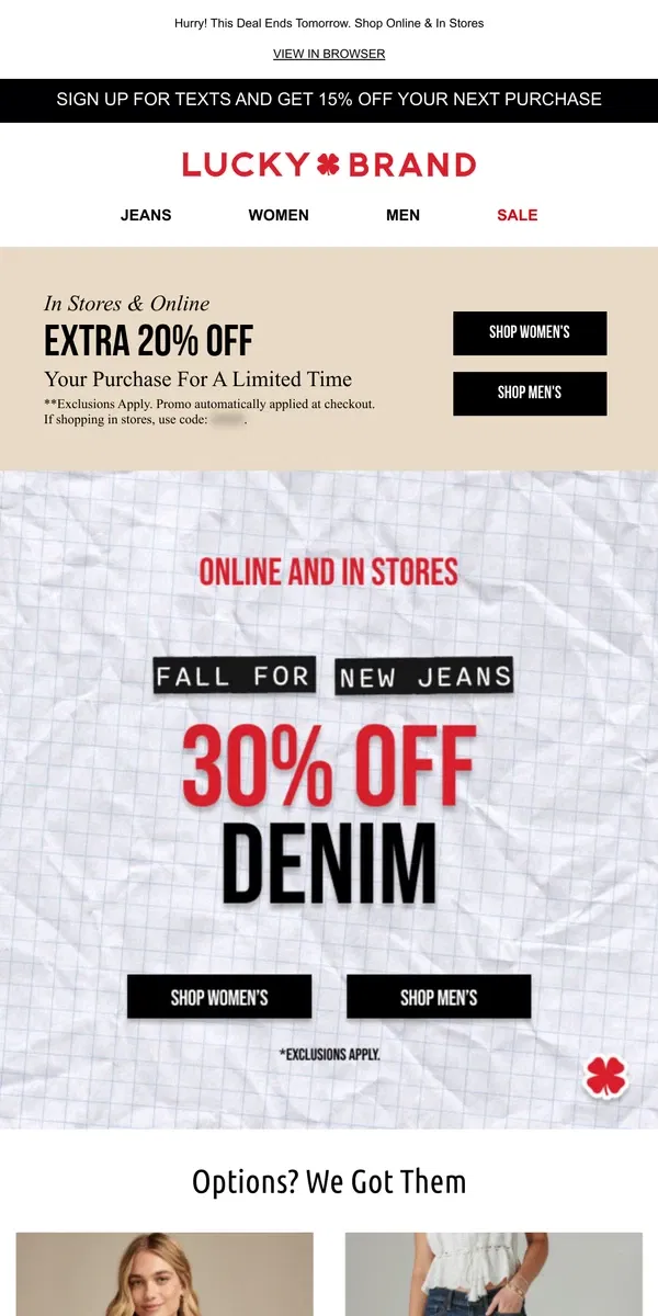 Email from Lucky Brand. YES! 30% Off Denim + EXTRA 20% OFF Going On Now!