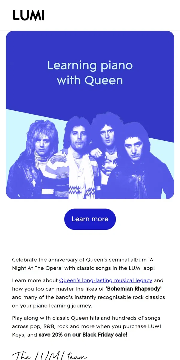 Email from LUMI. Learn piano with Queen on LUMI Keys! 👨🏻🎶