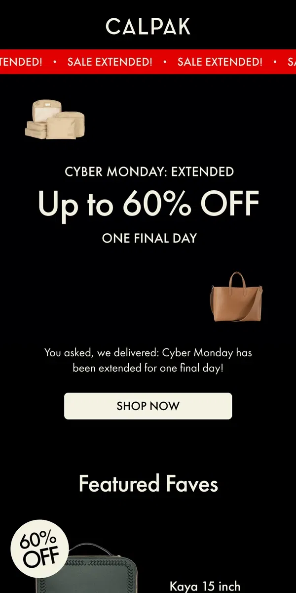 Email from CALPAK. BONUS DAY: Up to 60% OFF Sitewide