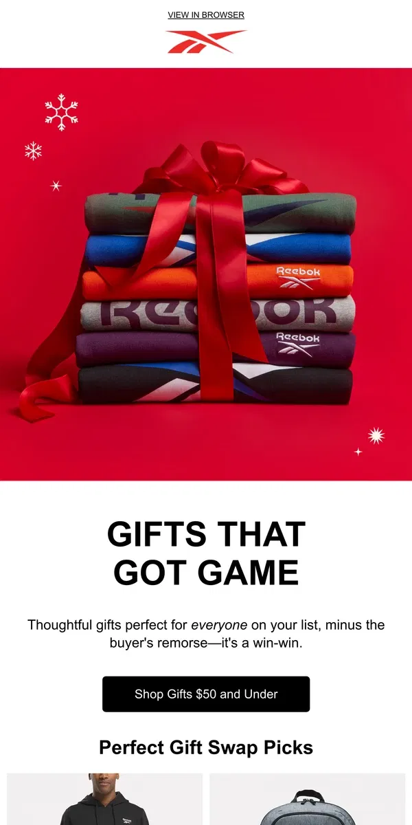 Email from Reebok. Affordable gifts for everyone on your list 🎁