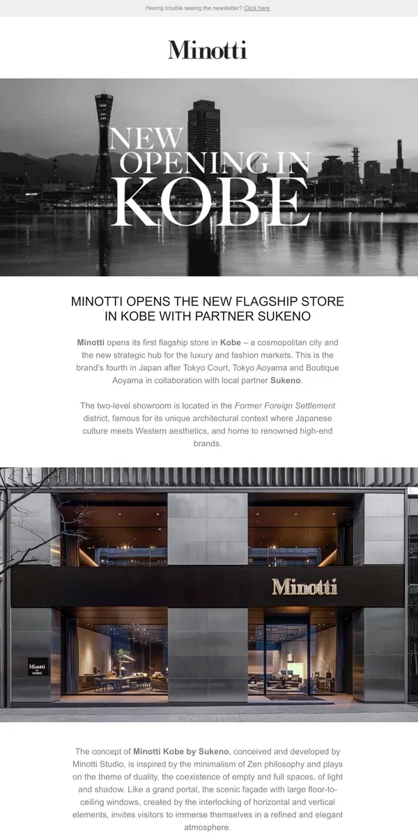 Email from MINOTTI. MINOTTI OPENS THE NEW FLAGSHIP STORE IN KOBE WITH PARTNER SUKENO