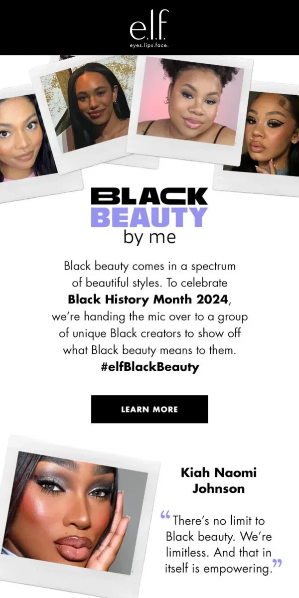 Email from e.l.f.. Introducing e.l.f. Black Beauty by Me