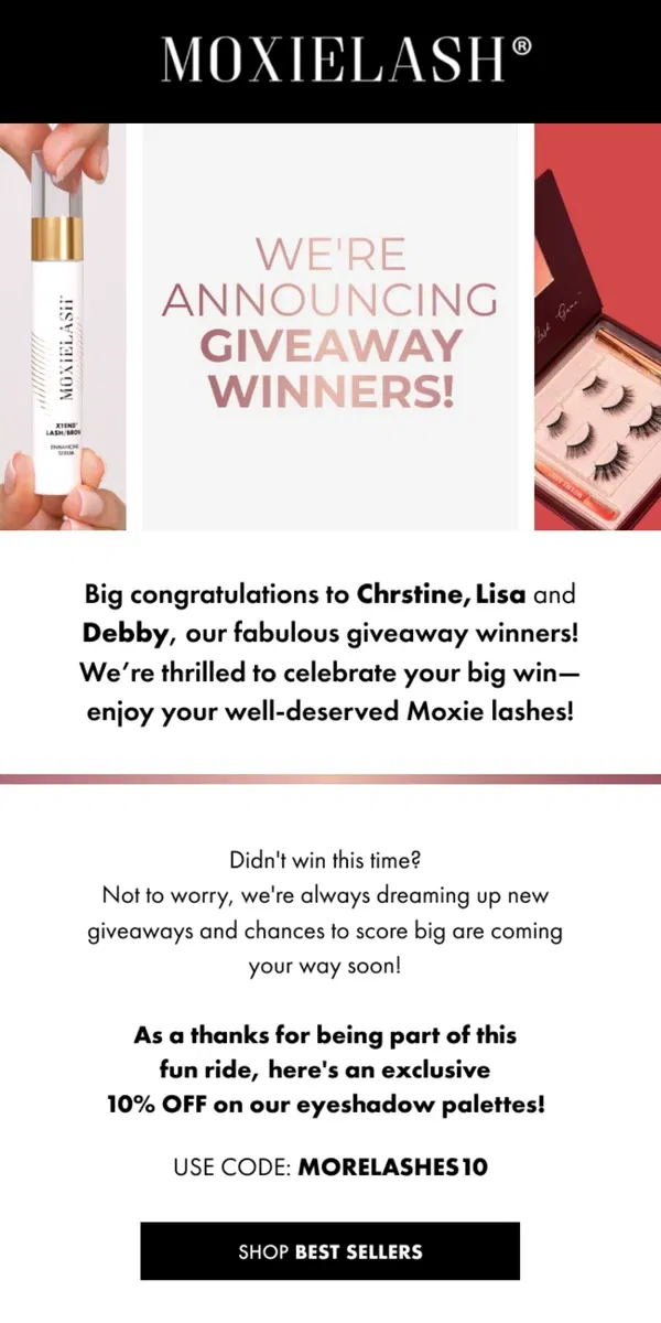 Email from MoxieLash. We’re Announcing Giveaway Winners!