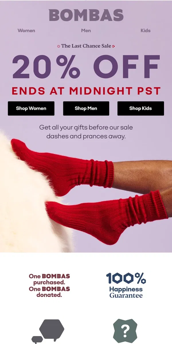 Email from Bombas. ’Til Midnight Only: 20% Off 