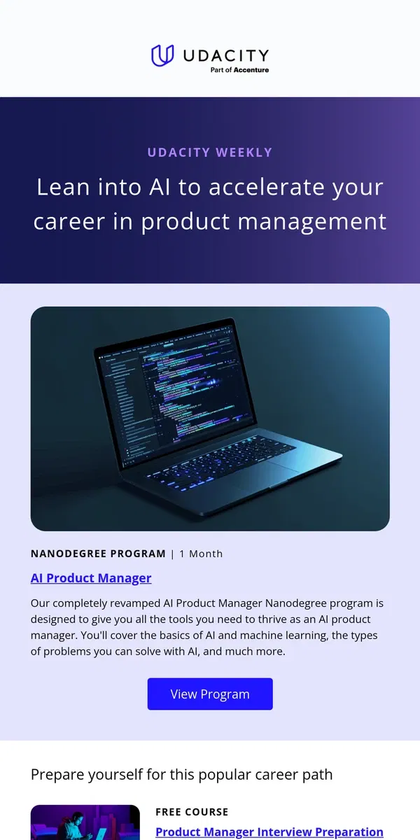 Email from Udacity. Boost your career in product management. 