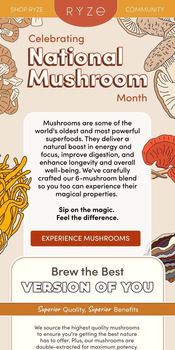 Email from RYZE Mushroom Coffee. Celebrate National Mushroom Month with RYZE