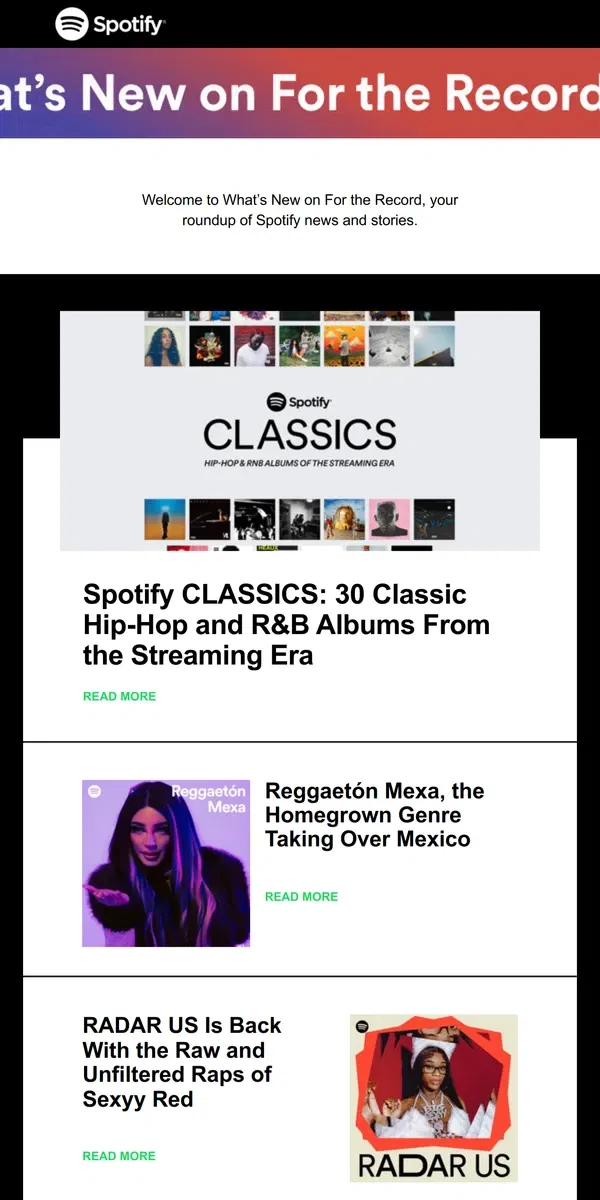 Email from Spotify. Discover Spotify CLASSICS: 30 Classic Hip-Hop and R&B Albums From the Streaming Era