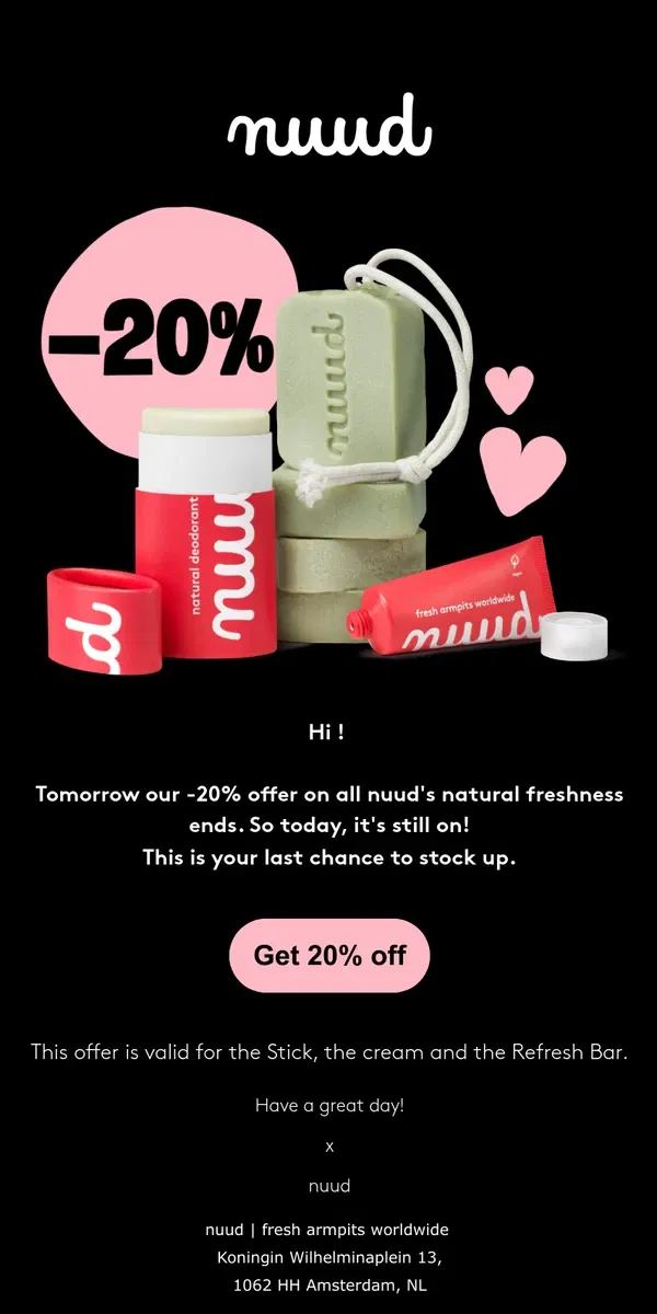 Email from nuud. Last chance: get your 20% off